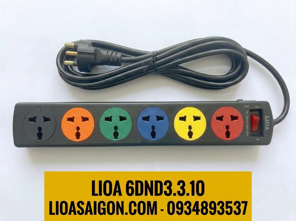 Ổ Cắm LiOA 6DND3.3.10 (6 Lỗ - 3m - 3 Lõi) Tiếp Địa 2200W